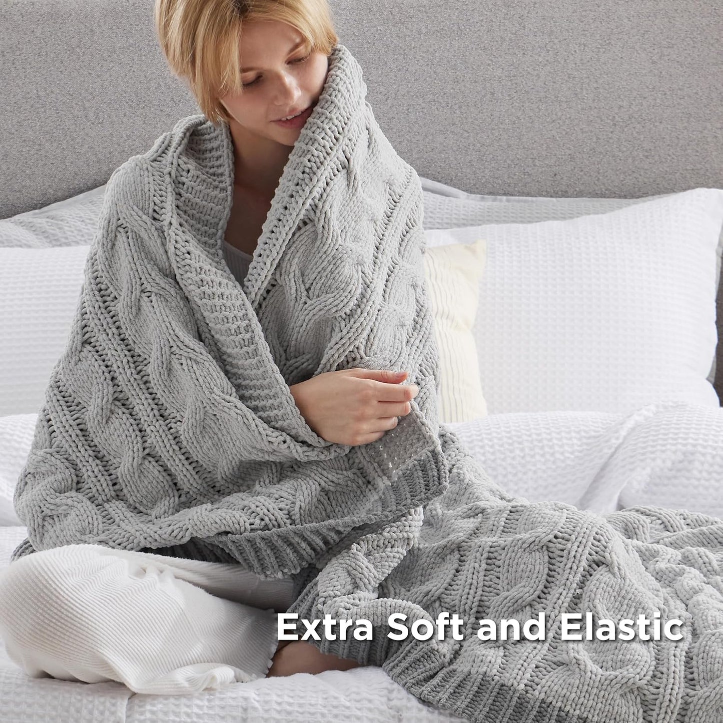 Bedsure Cable Knit Throw Blanket for Couch Bed - Breathable Chenille Chunky Knit Throw Blanket for Decorative Gift, GentleSoft Cozy and Warm for Winter and All Seasons, Grey, 50x60 Inches