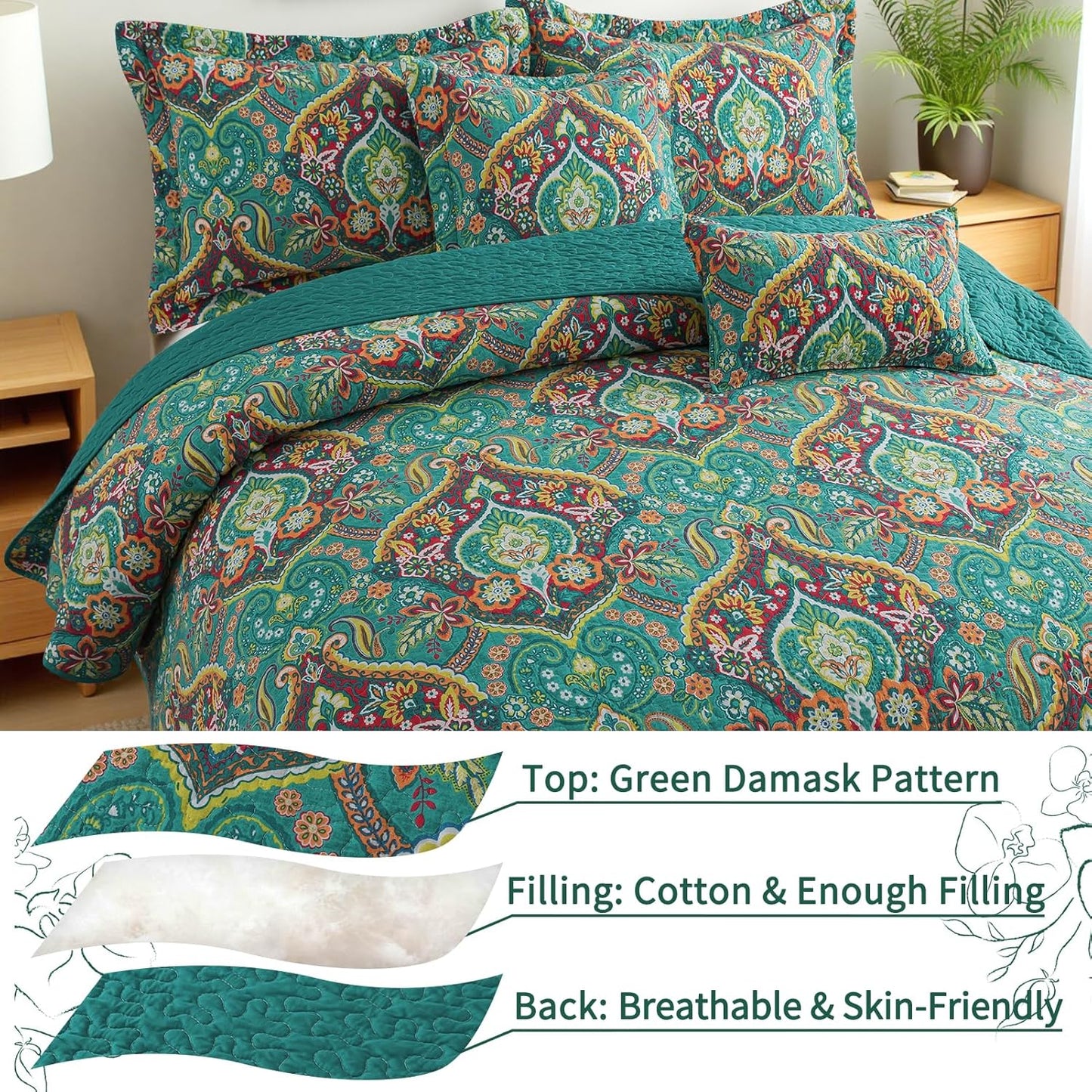 VAPUTAR Cotton Bedspreads Queen Size with Floral Pattern, 3 Pieces Soft Lightweight Reversible Quilted Bedspread Coverlet(90*98 inch), Farmhouse Style Queen Quilt Bedding Set Suitable for All Season