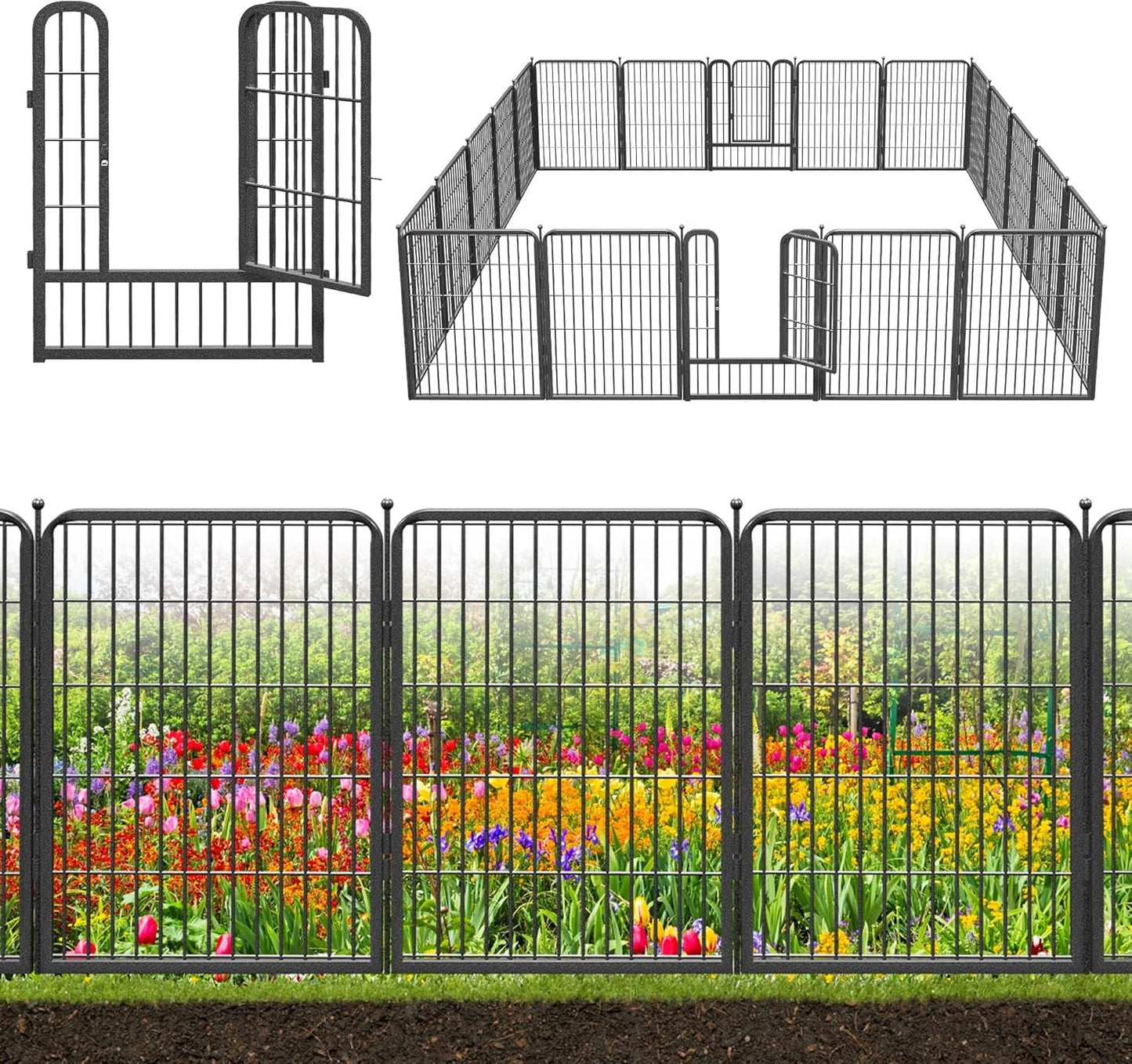 Decorative Black Metal Fencing Garden Fence with Gate, 46ft(L) 32in(H) 20 Fence Panels No Dig Fence Rustproof Animal Barrier Fence Temporary Dog Panels Fencing Outdoor