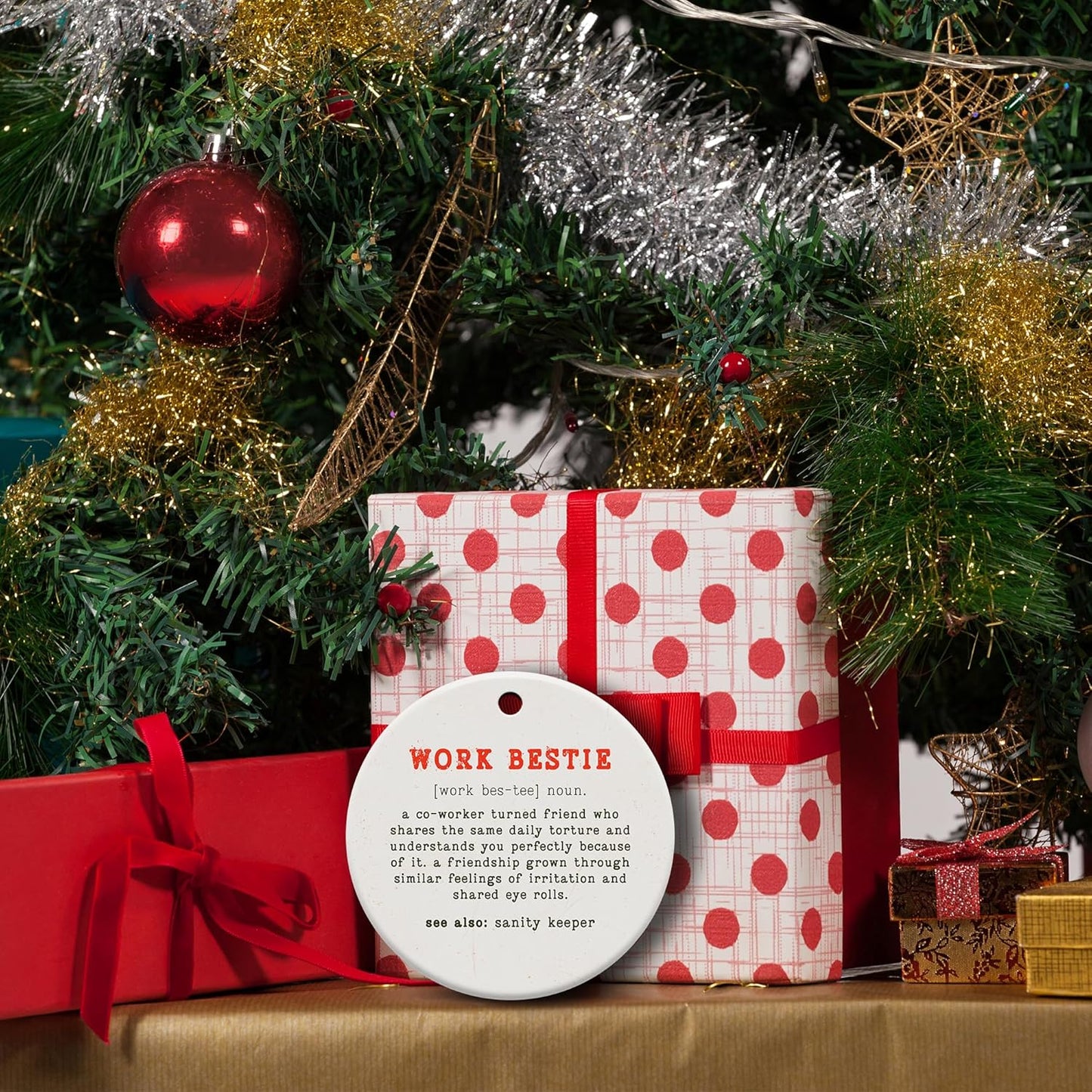 Friendship Gifts for Women, Best Friend, Funny, Work Besties, Sister, Friend Ornaments for Women, Ceramic Christmas Ornaments (Work Besties)