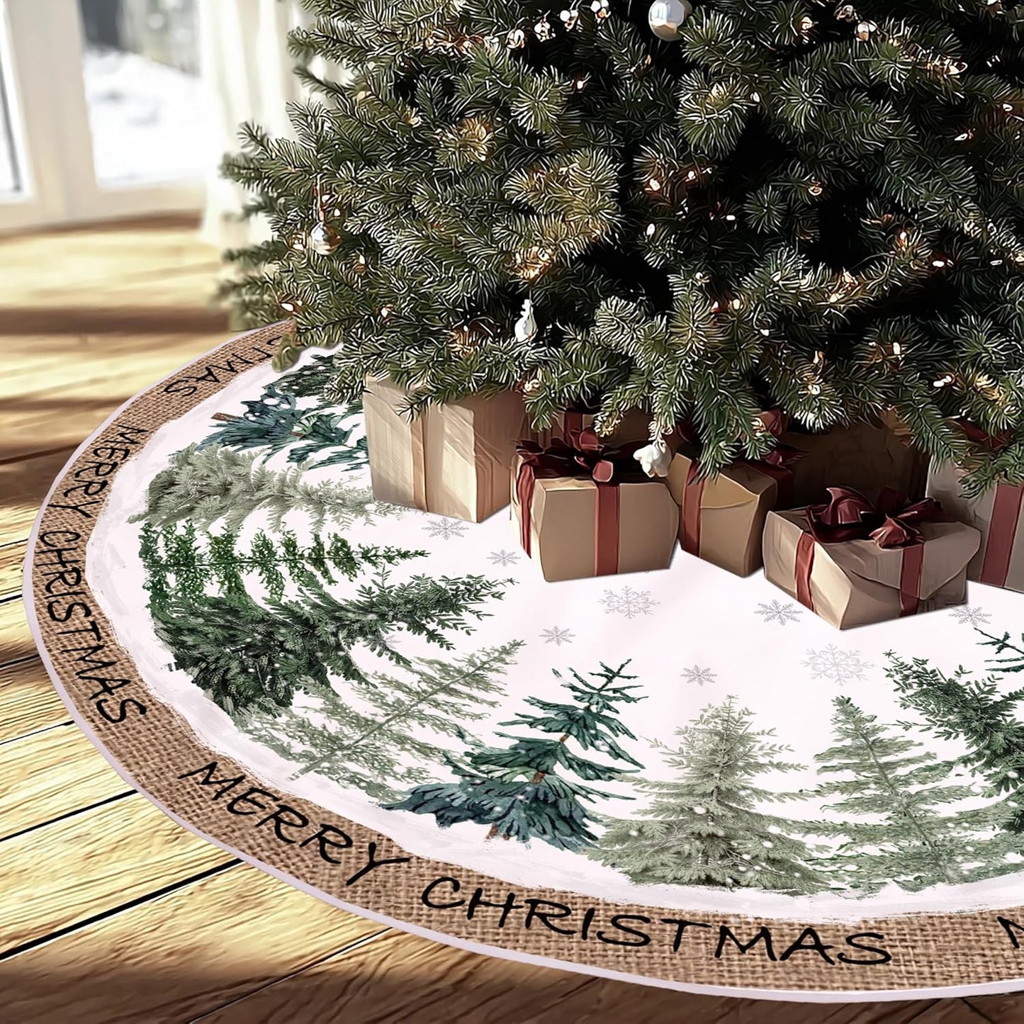 Baccessor Christmas Tree Skirt 36 Inch Pine Trees Snowy Forest Christmas Tree Skirt Collar for Farmhouse Vintage Rustic Merry Christmas Xmas Winter Holiday Party Decoration