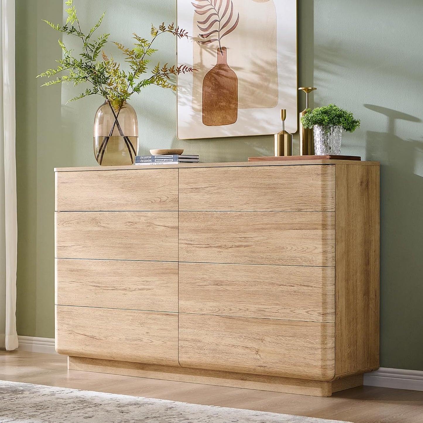 8 Drawer Dresser for Bedroom, 52 Inch Wide Modern Chest of Drawers, Push-to-Open Wood Storgae Organizer with Large Drawers for Bedroom, Living Room, Hallway,Natural Oak