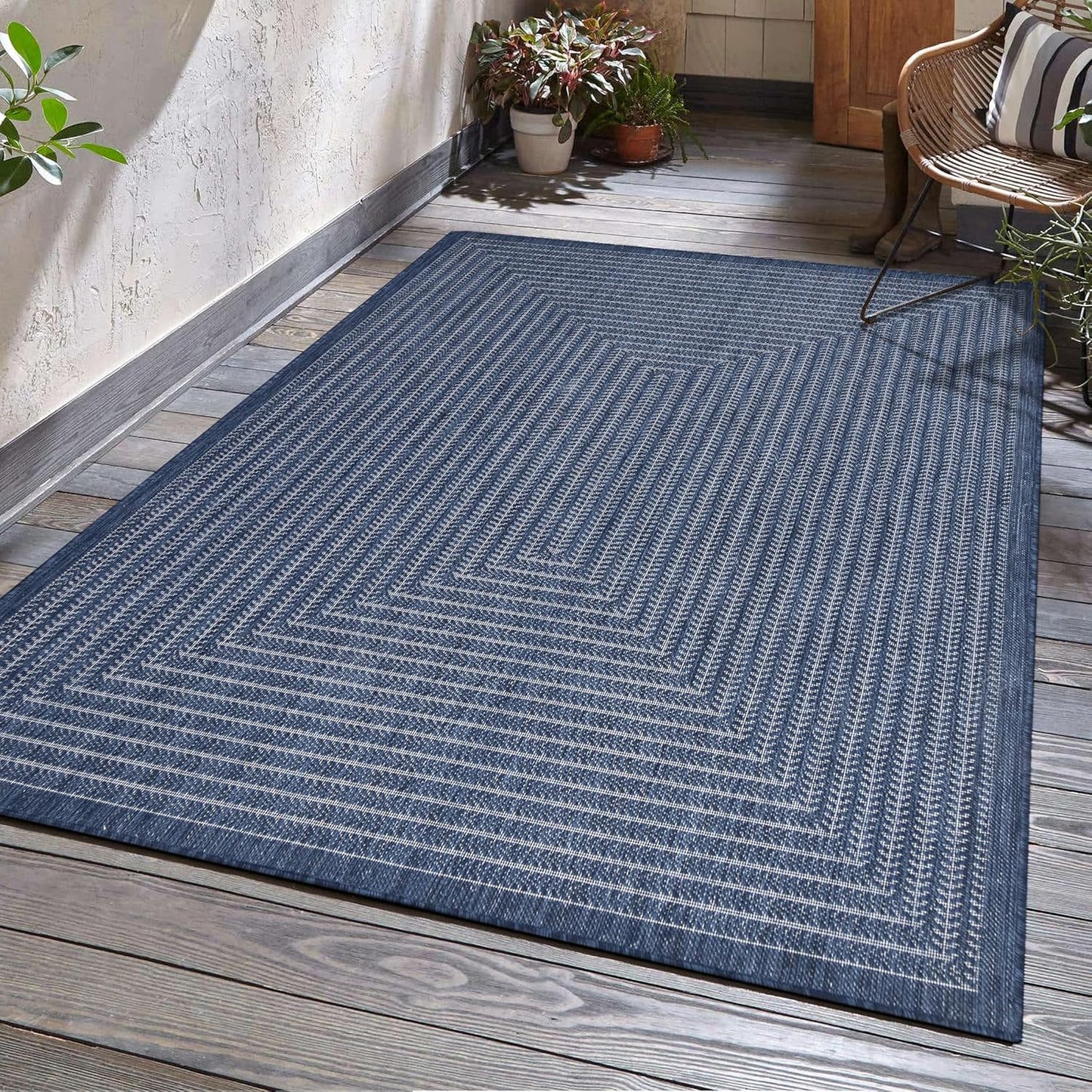 Adiva Rugs Outdoor Indoor Area Rug, Weather Resistant, Easy to Clean, Stain Resistant Floor Mat for Dining Room, Backyard, Deck, Patio (Navy Weiss, 8' x 10')