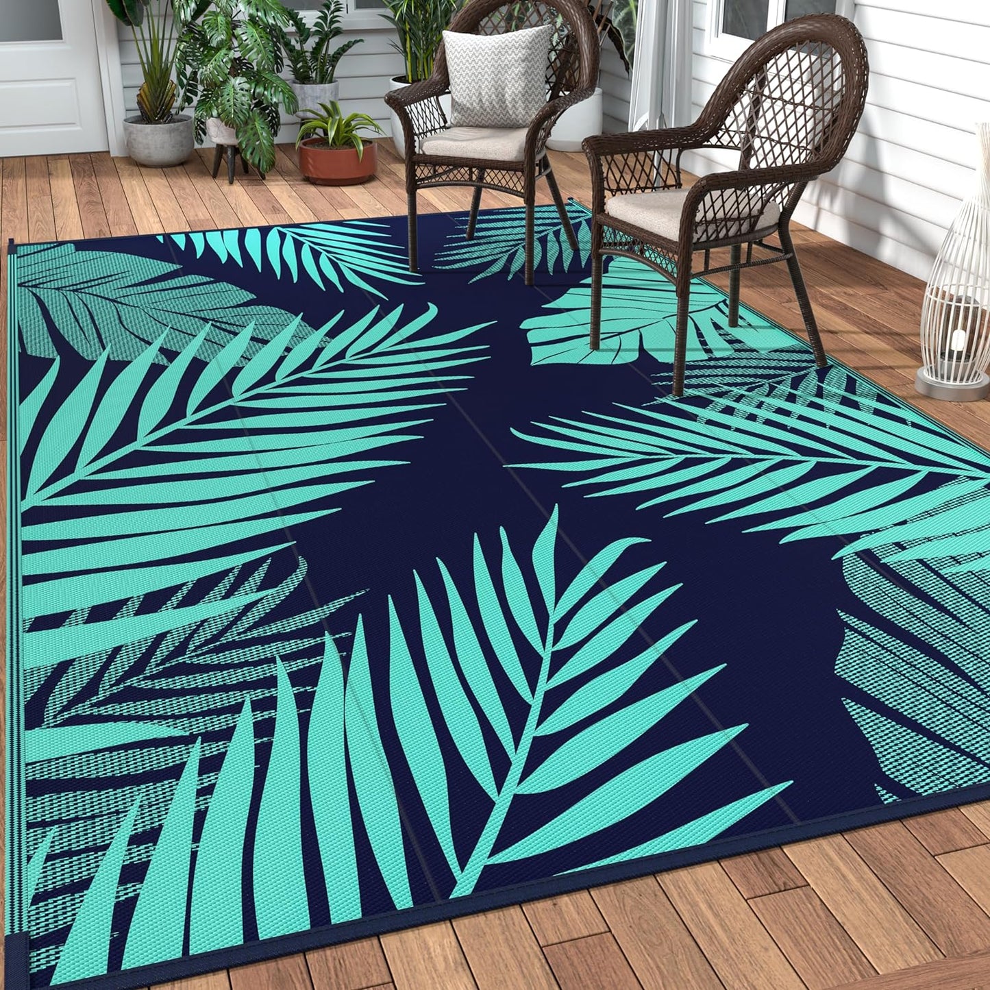 GENIMO Outdoor Rug 8' x 10' Waterproof for Patios Clearance, Reversible Outdoor Plastic Straw Camping Rug Carpet, Large Area Rugs Mats for RV, Camper, Deck, Balcony, Porch, Beach, Navy Blue&Jade Green