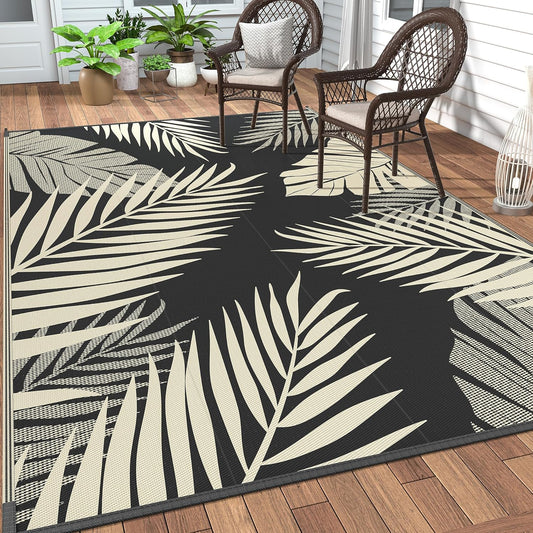 GENIMO Outdoor Rug 5' x 8' Waterproof for Patios Clearance, Reversible Outdoor Plastic Straw Camping Rug Carpet, Large Area Rugs Mats for RV, Picnic, Backyard, Deck, Balcony, Porch, Beach, Black&Beige