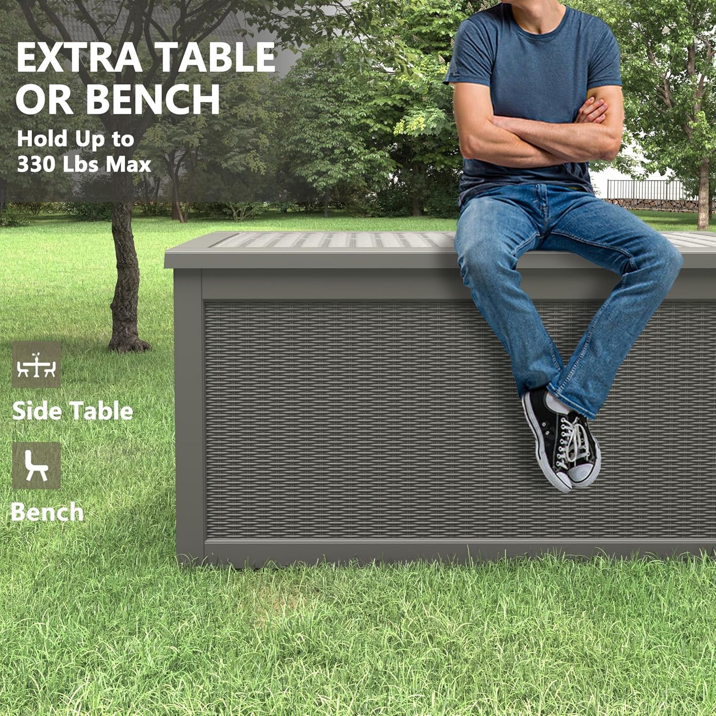 260 Gallon Resin Deck Box, Large Indoor and Outdoor Storage Box, Weatherproof and UV Resistant Outdoor Storage Box with Built-in Steel Beams for Patio Cushions, Pool Supplies