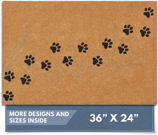 Barnyard Designs Natural Coco Coir Heavy Duty Backing Doormat - Large Cute Non-Slip Front Door Welcome Mat for Outside Entrance or Porch Entry, Brown (24x36, Paws)