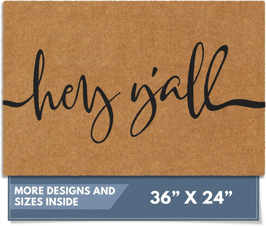 Barnyard Designs Natural Coco Coir Heavy Duty Backing Doormat - Large Cute Non-Slip Front Door Welcome Mat for Outside Entrance or Porch Entry, Brown (24x36, Y'all)