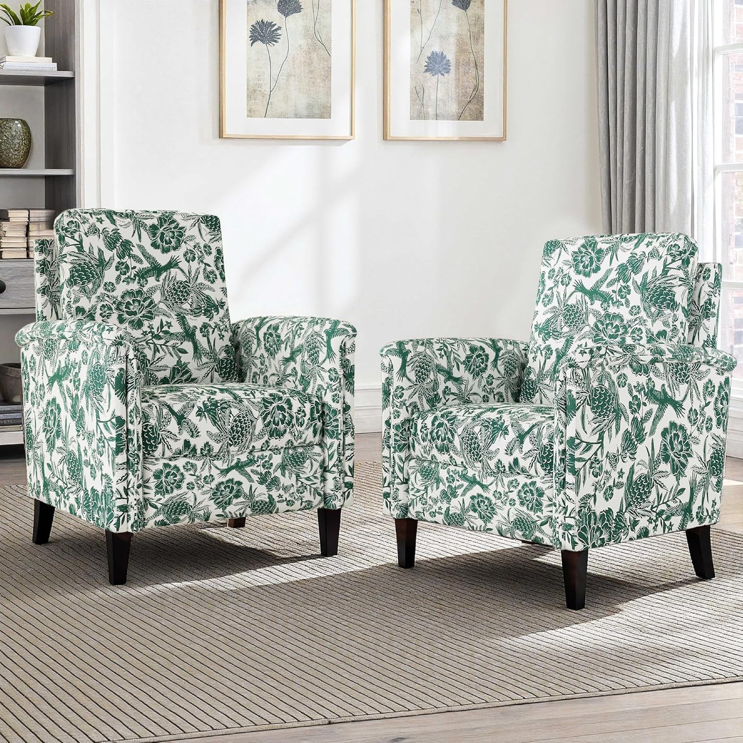 Floral Accent Chair Set of 2, High Back Upholstered Armchair with Solid Wooden Legs, Padded Armrest and Removable Comfortable Cushioned Seat Single Sofa for Living Room, Bedroom, Green