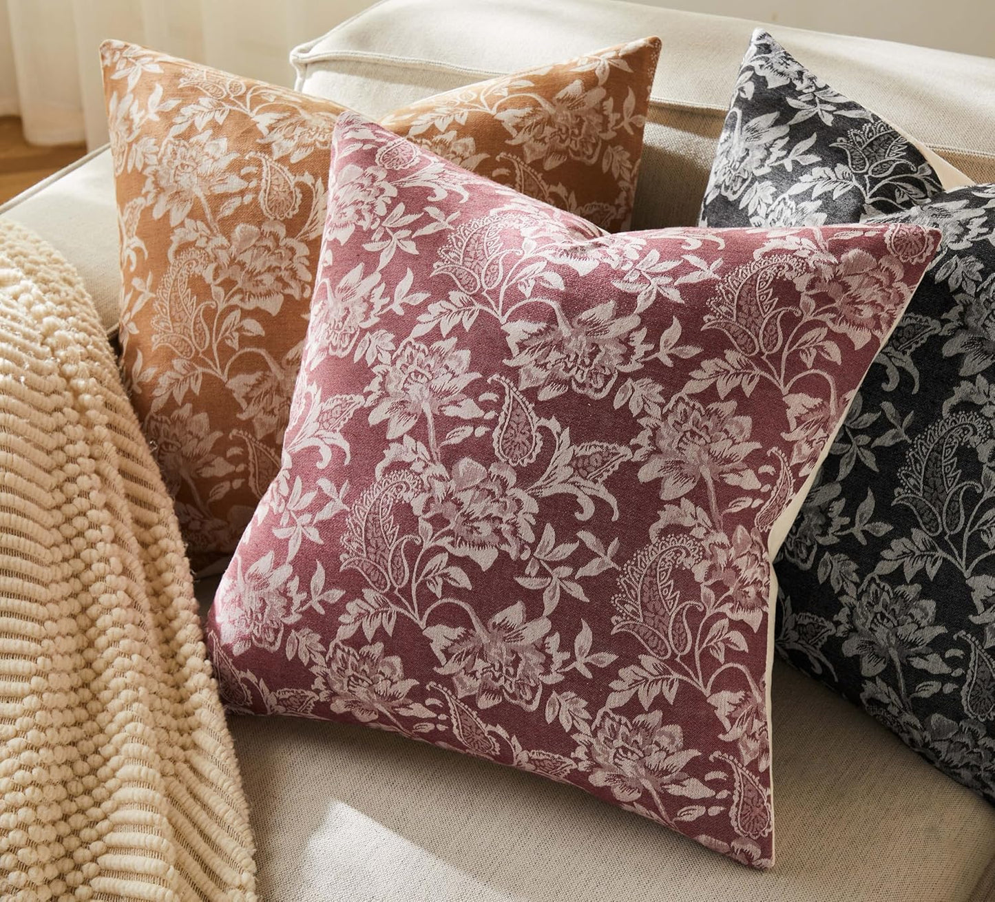 Floral Jacquard Throw Pillow Covers Set of 2, Background/Burgundy 22x22 Inch, Farmhouse Decorative Cotton Burgundy Cushion Covers for Sofa Bed Living Room Home Decor