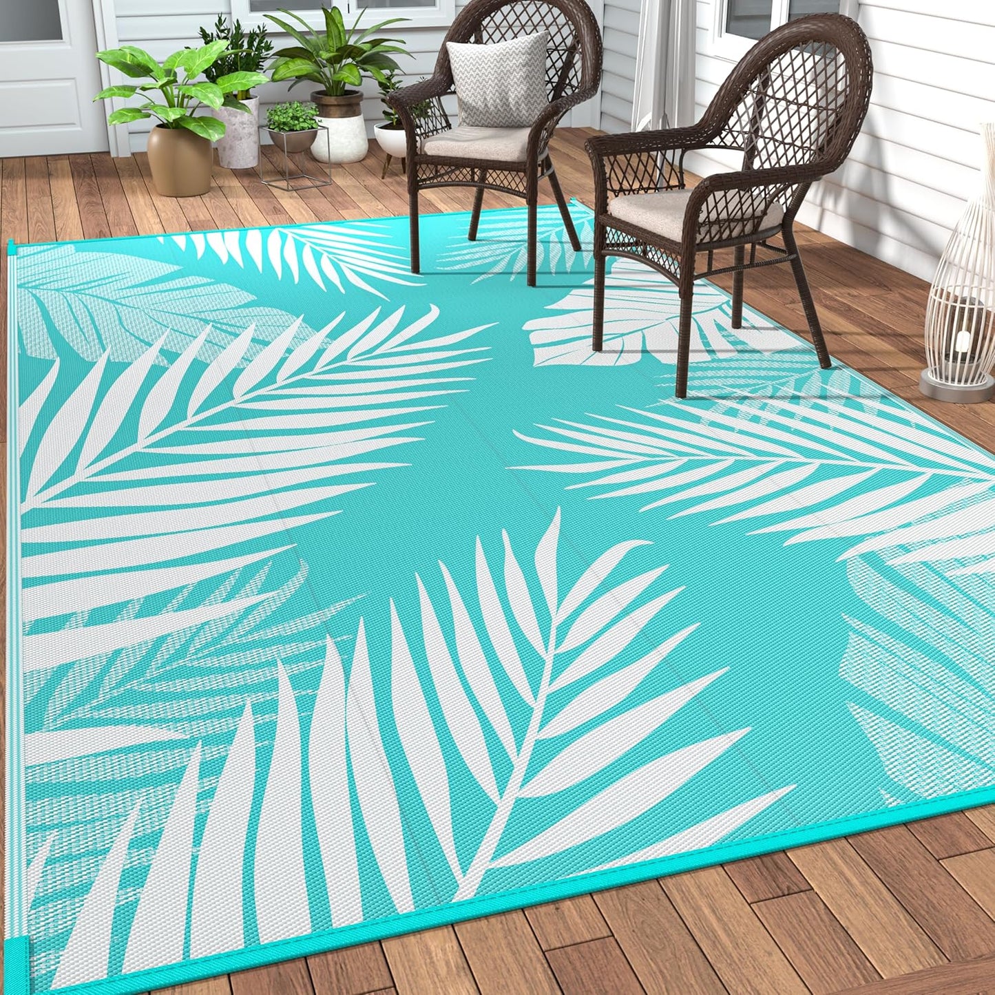GENIMO Outdoor Rug 6' x 9' Waterproof for Patios Clearance, Reversible Outdoor Plastic Straw Camping Rug Carpet, Large Area Rugs Mats for RV, Camper, Deck, Balcony, Porch, Beach, Aqua Blue&White
